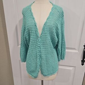 Norm Thompson Aqua Open Knit Crochet Cardigan Sweater Women’s‎ 2X S68